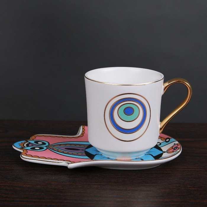 Evil Eye Coffee Cup & Hamsa Hand Saucer Set by Veasoon