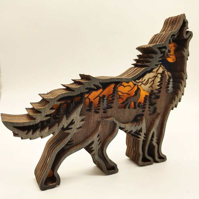 Wooden Wolf Figurine with LED Lights by Veasoon