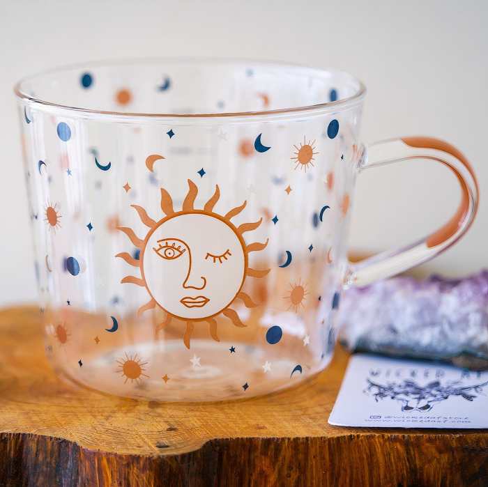 Sun & Evil Eye Glass Mug by Veasoon