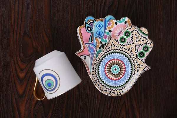Evil Eye Coffee Cup & Hamsa Hand Saucer Set by Veasoon