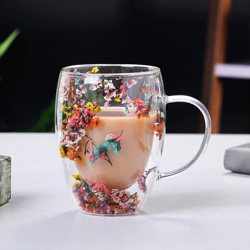 Pressed Flowers Double-Walled Glass Mug by Veasoon