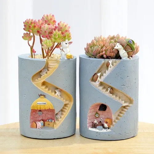 Hedgehog & Rabbit Resin Flower Pot by Veasoon