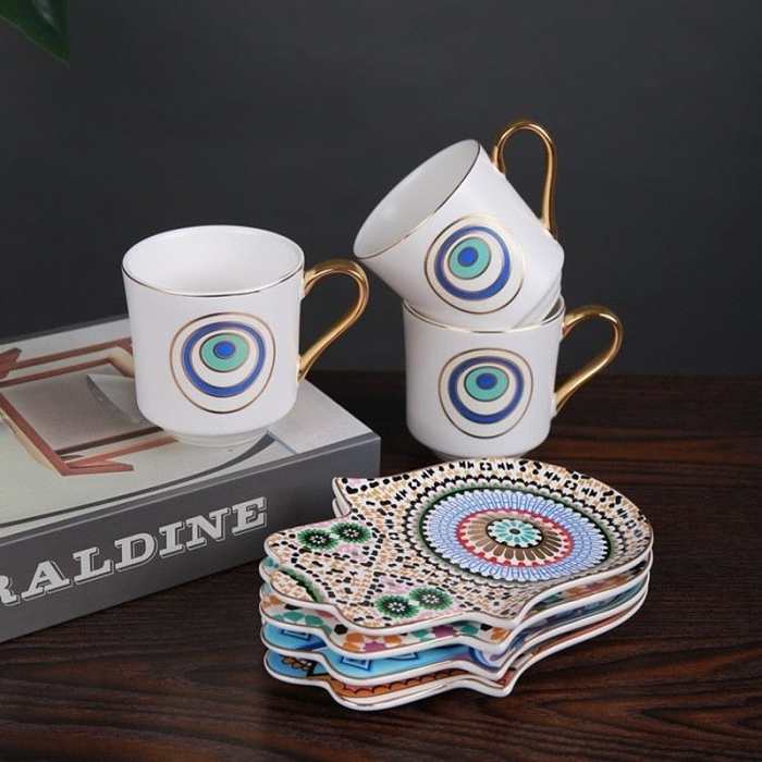 Evil Eye Coffee Cup & Hamsa Hand Saucer Set by Veasoon