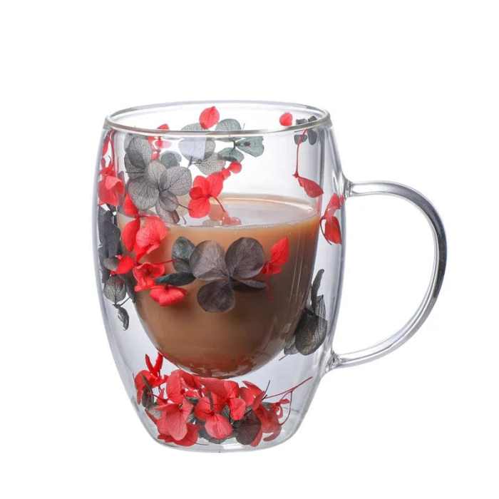 Pressed Flowers Double-Walled Glass Mug by Veasoon