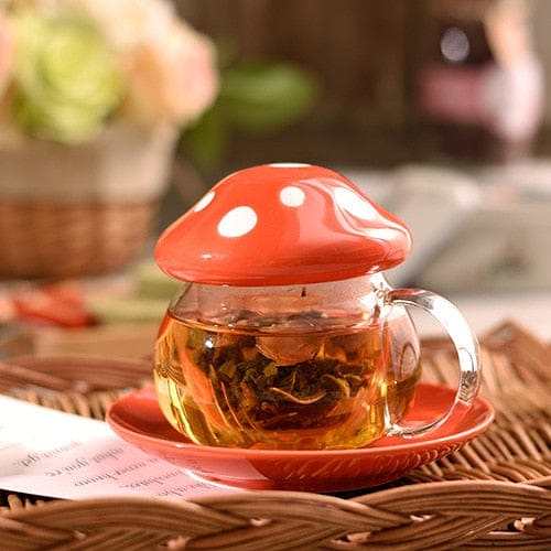 Mushroom Glass Mug with Cover & Saucer Set by Veasoon