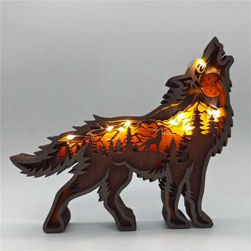 Wooden Wolf Figurine with LED Lights by Veasoon