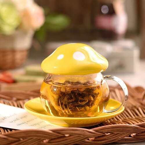 Mushroom Glass Mug with Cover & Saucer Set by Veasoon