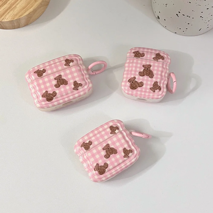 Wavy Gingham Teddy Bear AirPods Charger Case Cover by Veasoon