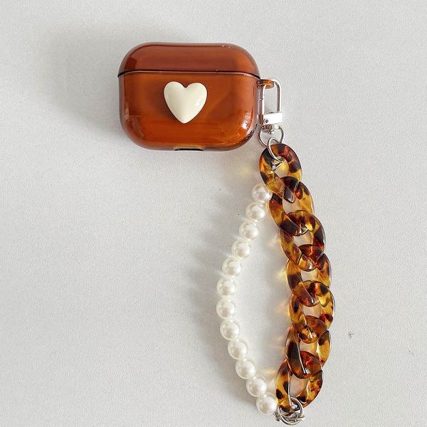 White Heart and Tortoiseshell Pearl Strap Airpod Case Cover by Veasoon