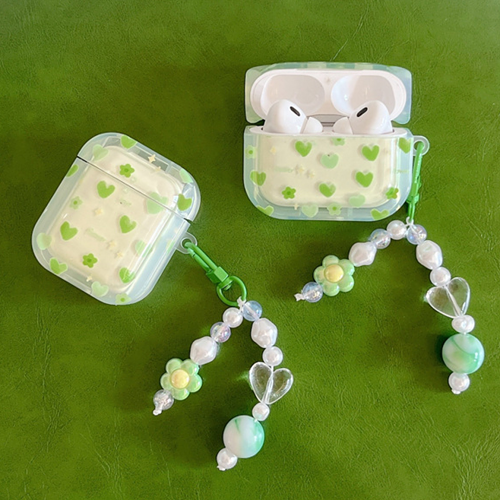 Green Hearts AirPods Case Cover Wth Charm Strap by Veasoon