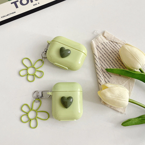 Matcha Green Heart and Daisy Charm Airpod Case Cover by Veasoon