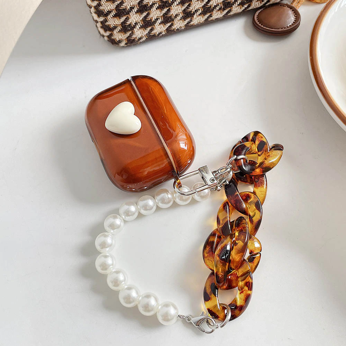 White Heart and Tortoiseshell Pearl Strap Airpod Case Cover by Veasoon