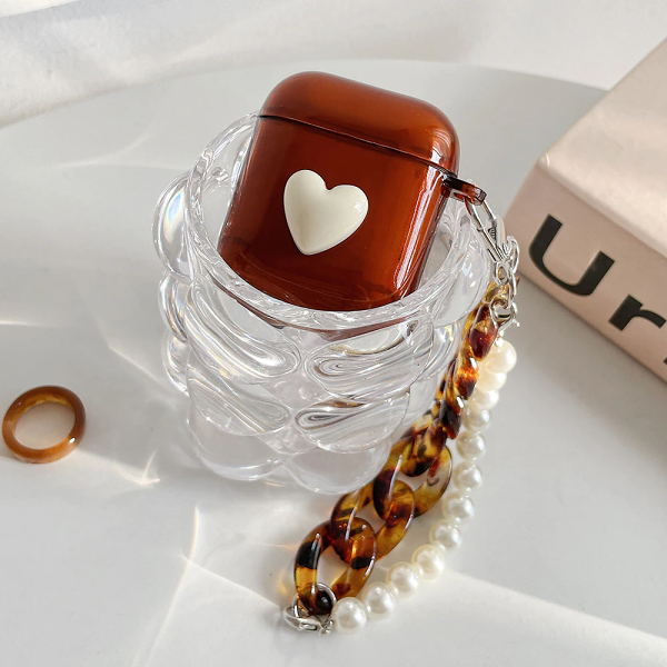 White Heart and Tortoiseshell Pearl Strap Airpod Case Cover by Veasoon