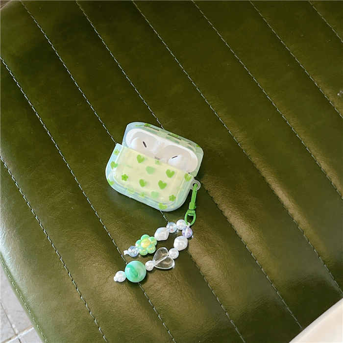 Green Hearts AirPods Case Cover Wth Charm Strap by Veasoon