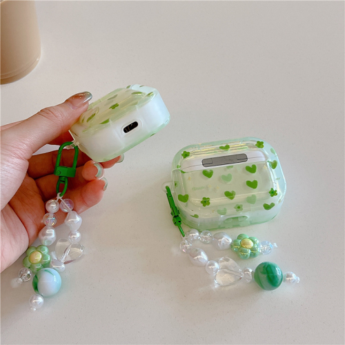 Green Hearts AirPods Case Cover Wth Charm Strap by Veasoon