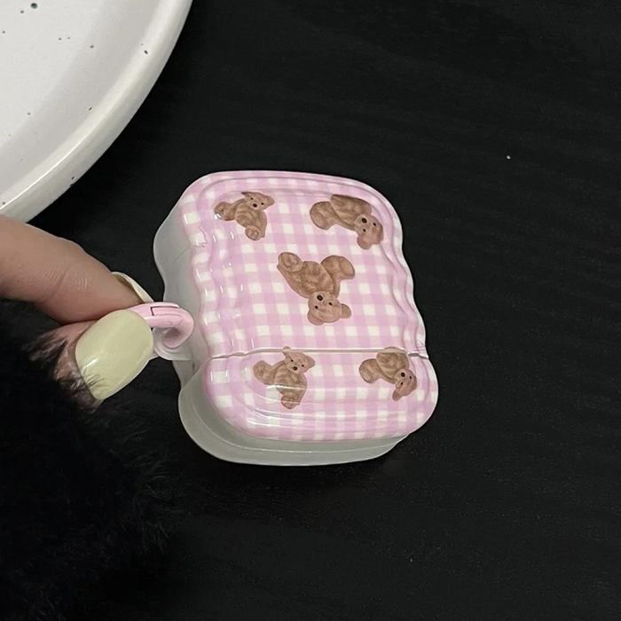 Wavy Gingham Teddy Bear AirPods Charger Case Cover by Veasoon