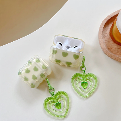 Y2k Green Hearts AirPods Charger Case Cover with Charm Strap by Veasoon