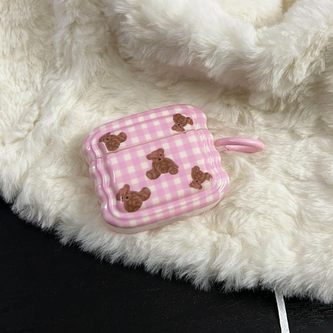 Wavy Gingham Teddy Bear AirPods Charger Case Cover by Veasoon