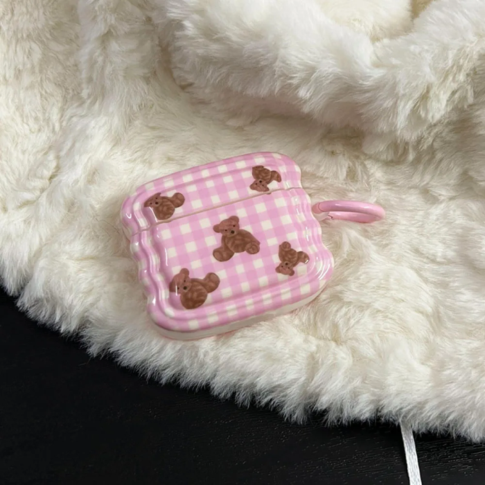 Wavy Gingham Teddy Bear AirPods Charger Case Cover by Veasoon