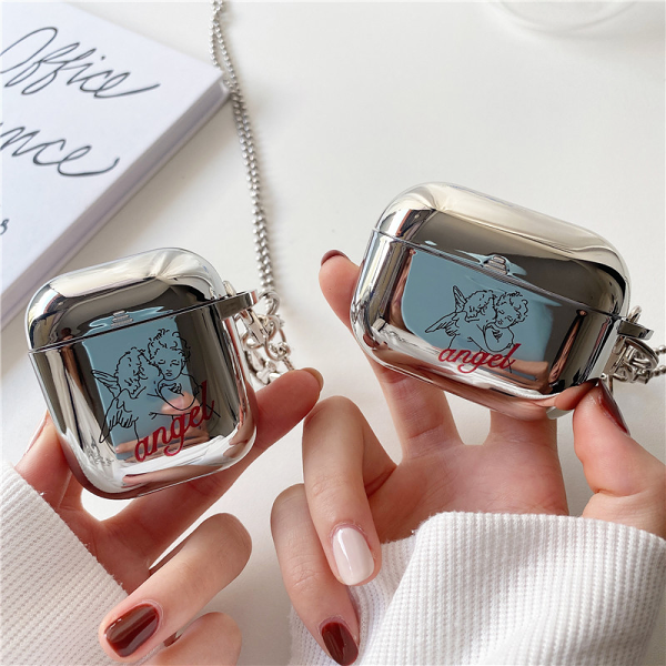 Mirrored Angel Airpod Case Cover with Necklace Chain Strap by Veasoon