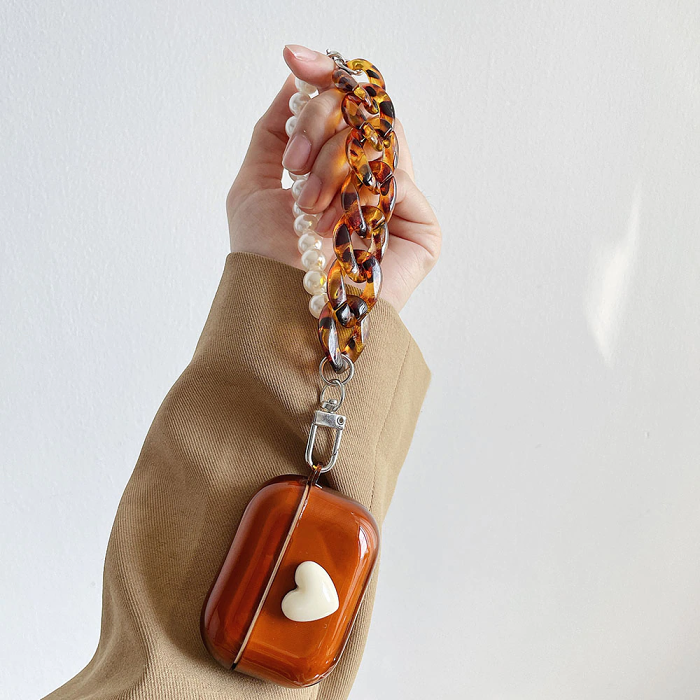 White Heart and Tortoiseshell Pearl Strap Airpod Case Cover by Veasoon
