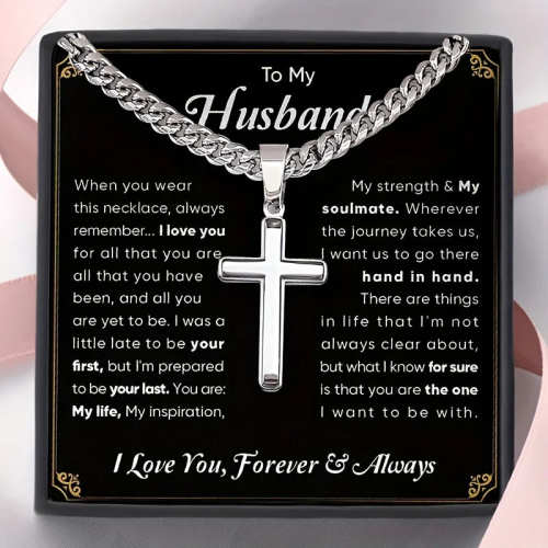 Cross Cuban chain necklace, stainless steel chain jewelry, birthday gift for husband with card and gift box packaging by Veasoon