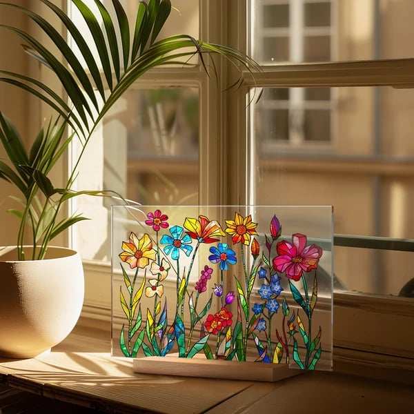 2024 NEWPainted Colorful Flower Pattern Decor With Wooden Base