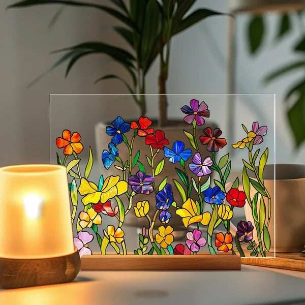 2024 NEWPainted Colorful Flower Pattern Decor With Wooden Base