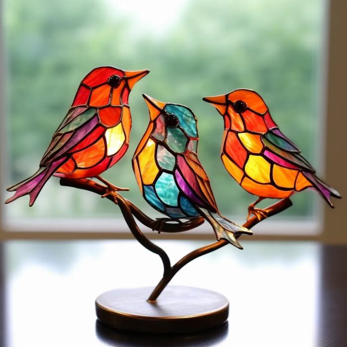 Last Day 49% OFFStained Glass Birds on Branch Desktop Ornaments