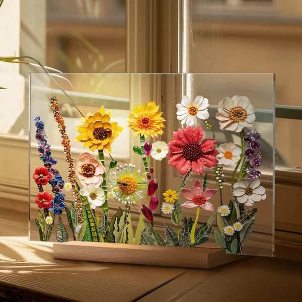 2024 NEWPainted Colorful Flower Pattern Decor With Wooden Base