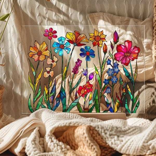2024 NEWPainted Colorful Flower Pattern Decor With Wooden Base