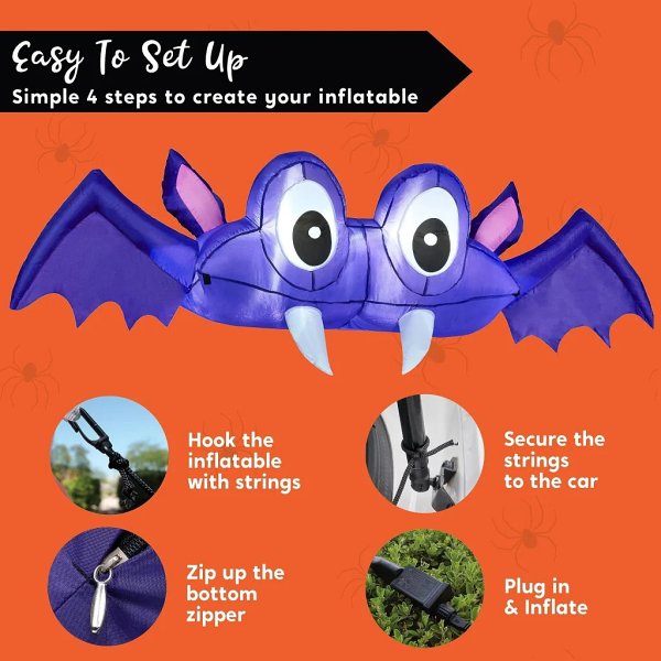 Halloween Inflatable Bat Car Trunk Decor with Built-in LEDs by Veasoon