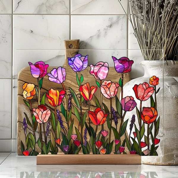 2024 NEWPainted Colorful Flower Pattern Decor With Wooden Base