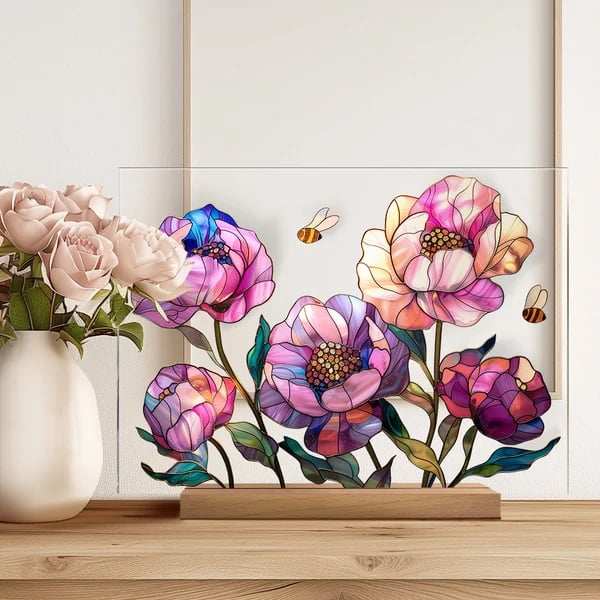2024 NEWPainted Colorful Flower Pattern Decor With Wooden Base