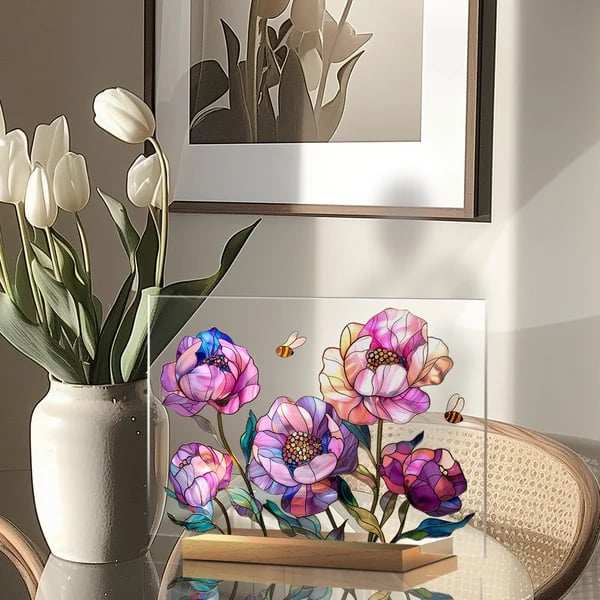 2024 NEWPainted Colorful Flower Pattern Decor With Wooden Base