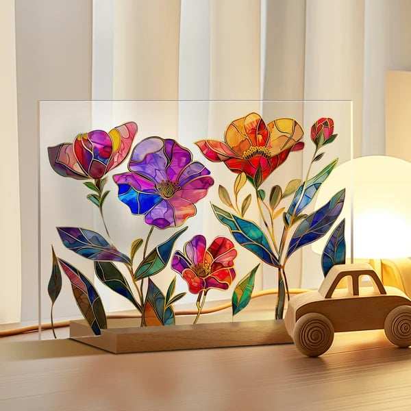 2024 NEWPainted Colorful Flower Pattern Decor With Wooden Base