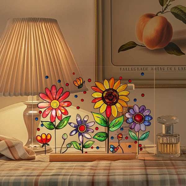 2024 NEWPainted Colorful Flower Pattern Decor With Wooden Base