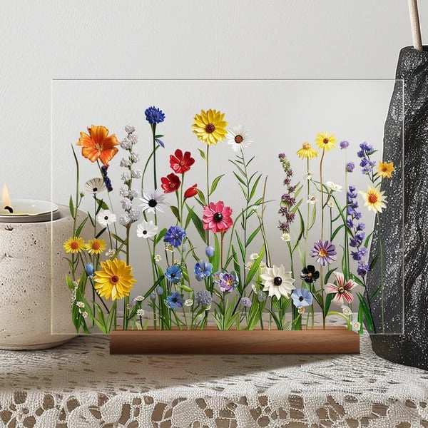 2024 NEWPainted Colorful Flower Pattern Decor With Wooden Base