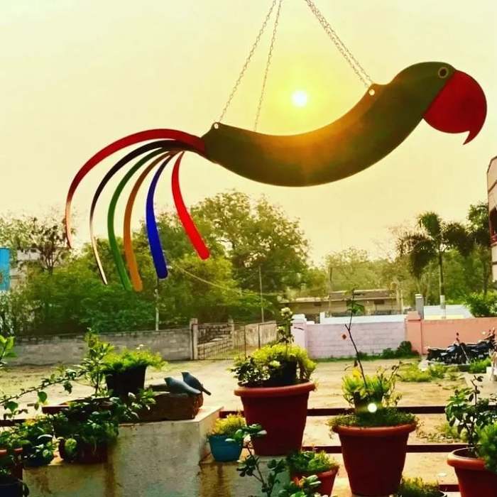 Handmade Bright Colorful Bird Hanging Planter Yard Decor