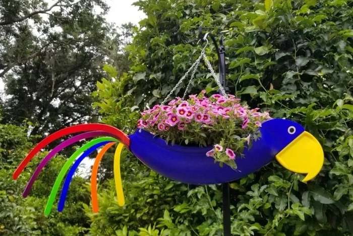 Handmade Bright Colorful Bird Hanging Planter Yard Decor