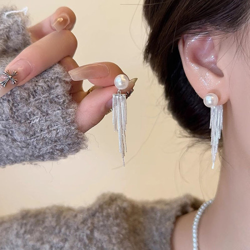 Pearl with Long Tassel Earrings