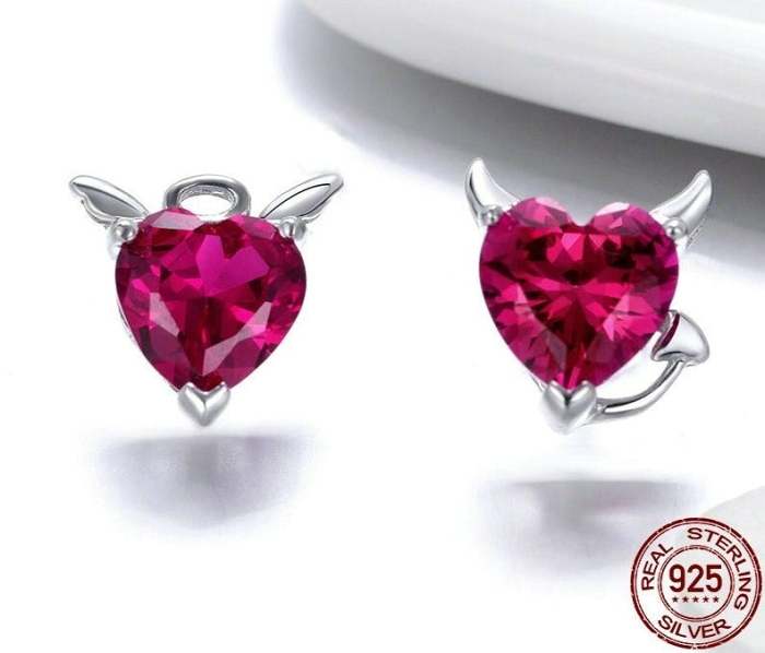 Red Evil And Angel Pendant Necklace Earrings Set