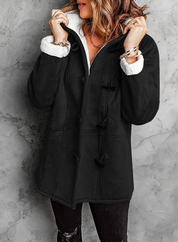 Women Hooded Velvet Horn Button Coat