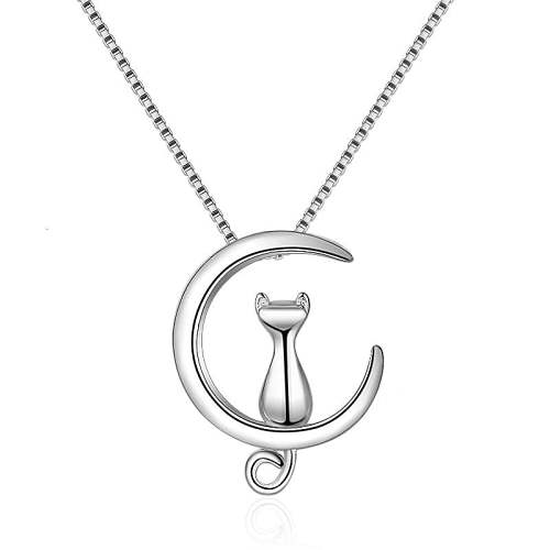 Silver Moon Kitten Cat Necklace