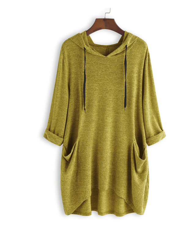 Women's Hooded Solid Color Loose Sweatshirt, Irregular Pocket Top