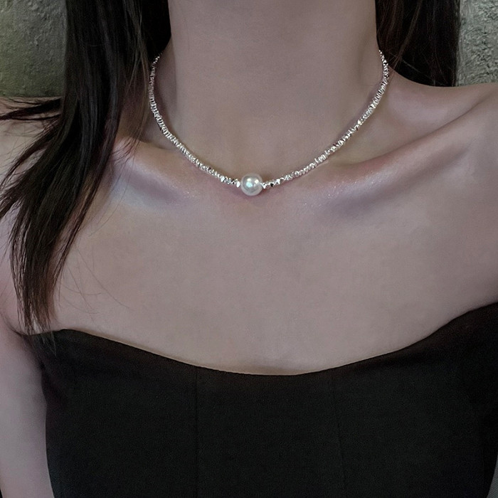 S925 Sterling Silver with Irregular Broken Silver single pearl necklace