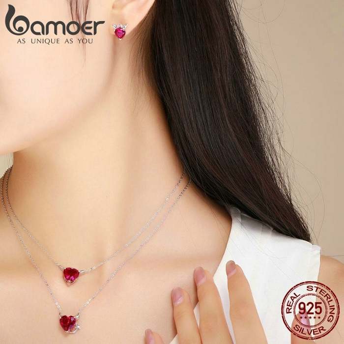 Red Evil And Angel Pendant Necklace Earrings Set