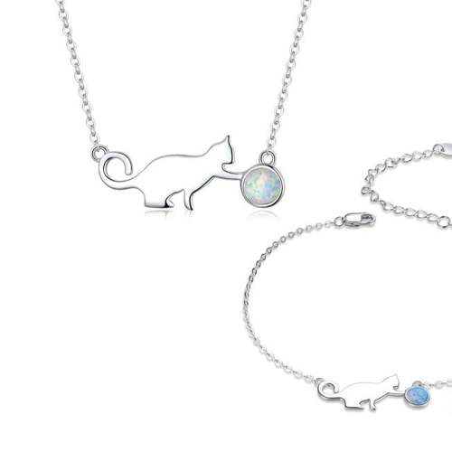 Silver Cat Necklace & Bracelet Set