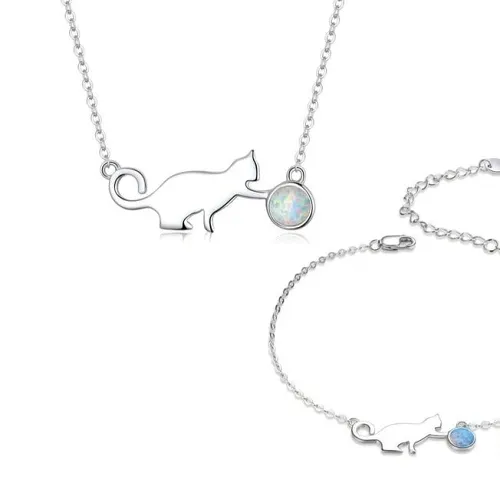 Silver Cat Necklace & Bracelet Set