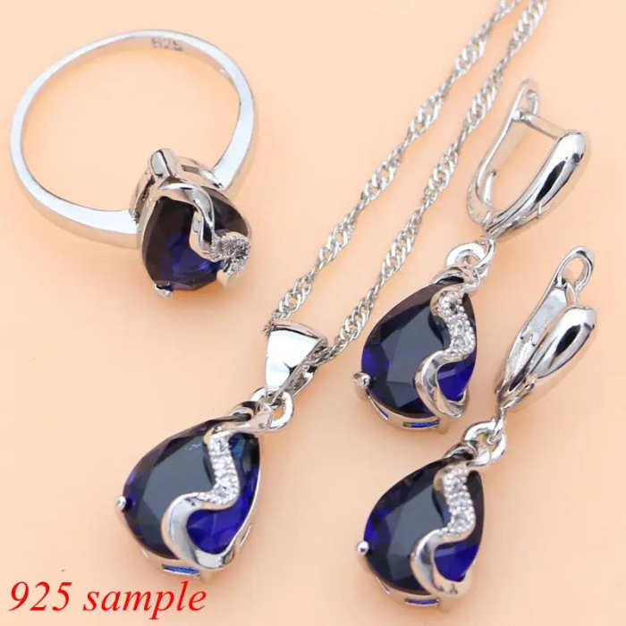 925 Silver Blue Sapphire Jewelry Set - Earrings, Ring, Bracelet & Necklace